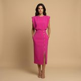 Vestido Midi Botonadura Dorada Hombros Estructura