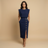 Vestido Midi Botonadura Dorada Hombros Estructura