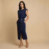 Vestido Midi Botonadura Dorada Hombros Estructura