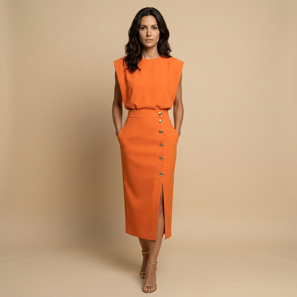 Vestido Midi Botonadura Dorada Hombros Estructura