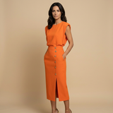 Vestido Midi Botonadura Dorada Hombros Estructura