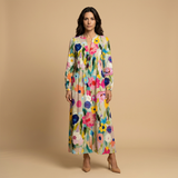 Vestido Largo Floral Pintucks Manga Larga