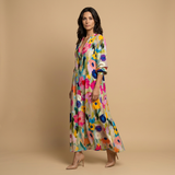 Vestido Largo Floral Pintucks Manga Larga
