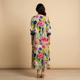 Vestido Largo Floral Pintucks Manga Larga