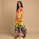 Vestido Largo Floral Pintucks Manga Larga