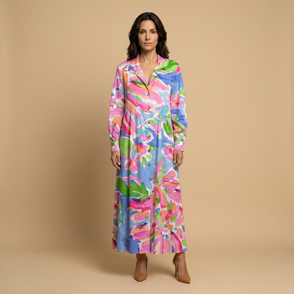 Vestido Largo Floral Pintucks Manga Larga