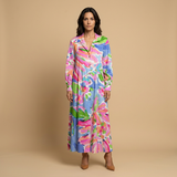 Vestido Largo Floral Pintucks Manga Larga