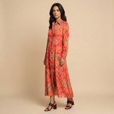 Vestido Largo Floral Pintucks Manga Larga