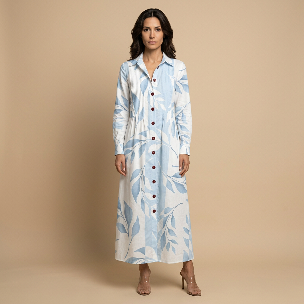 Vestido Largo Floral Pintucks Manga Larga