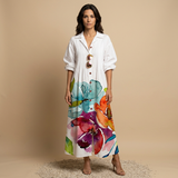 Vestido Largo Floral Pintucks Manga Larga