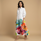 Vestido Largo Floral Pintucks Manga Larga