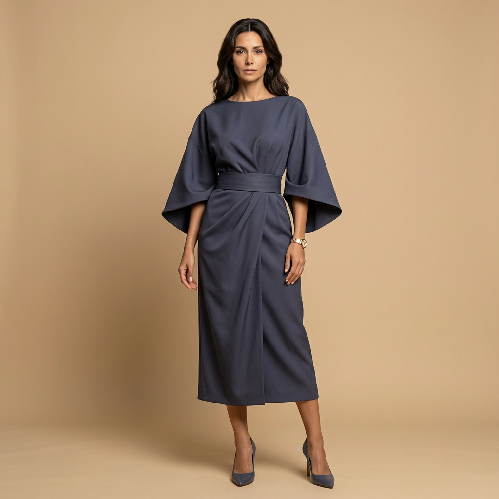 Vestido Midi Manga Kimono Cinturón Abertura