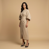 Vestido Midi Manga Kimono Cinturón Abertura