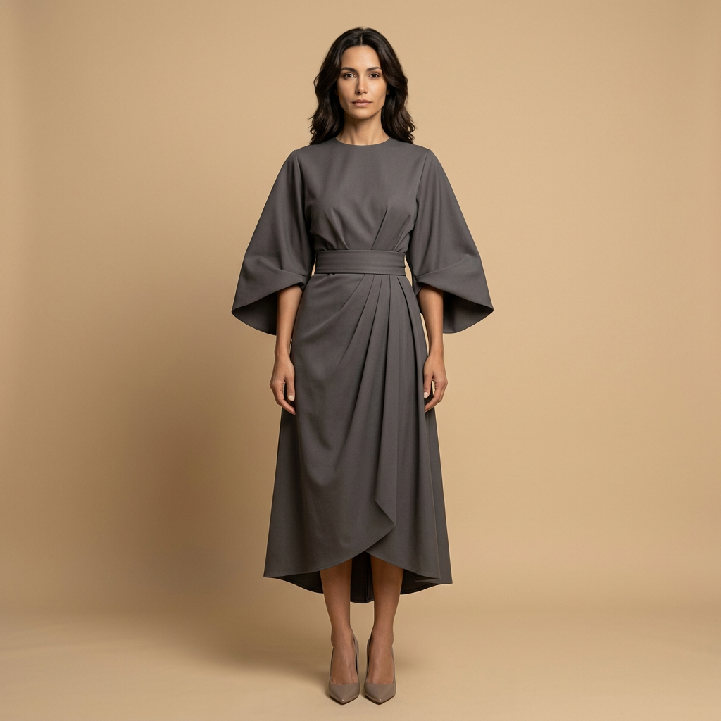 Vestido Midi Manga Kimono Cinturón Abertura