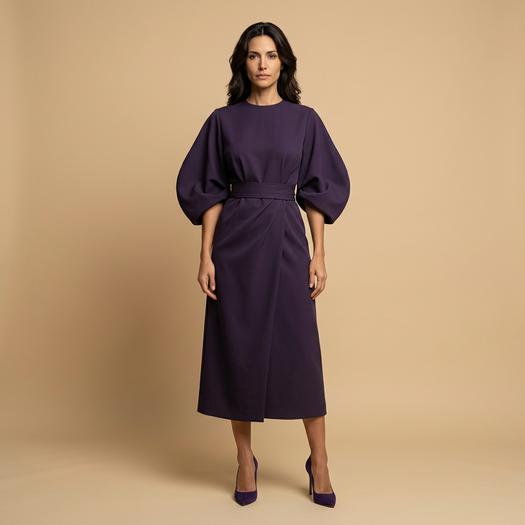 Vestido Midi Manga Kimono Cinturón Abertura