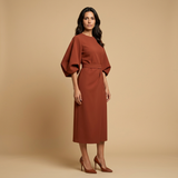 Vestido Midi Manga Kimono Cinturón Abertura
