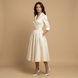 Vestido Midi Satén Cruzado Evasé Bolsillos