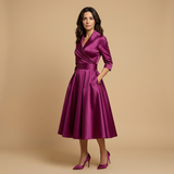 Vestido Midi Satén Cruzado Evasé Bolsillos