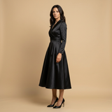 Vestido Midi Satén Cruzado Evasé Bolsillos