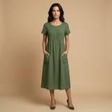 Vestido Midi Lino Pintucks Bolsillos Manga Corta