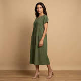 Vestido Midi Lino Pintucks Bolsillos Manga Corta
