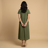 Vestido Midi Lino Pintucks Bolsillos Manga Corta
