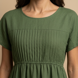Vestido Midi Lino Pintucks Bolsillos Manga Corta