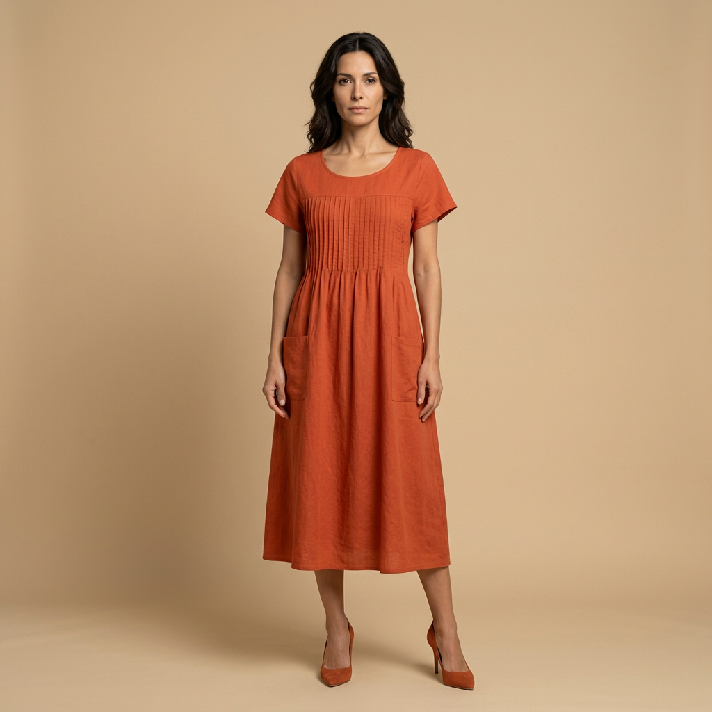 Vestido Midi Lino Pintucks Bolsillos Manga Corta