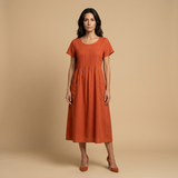 Vestido Midi Lino Pintucks Bolsillos Manga Corta