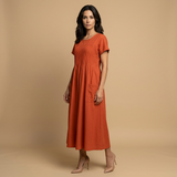 Vestido Midi Lino Pintucks Bolsillos Manga Corta