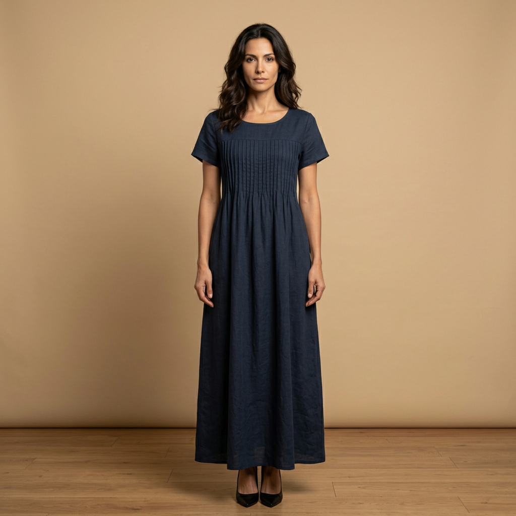 Vestido Midi Lino Pintucks Bolsillos Manga Corta