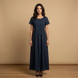 Vestido Midi Lino Pintucks Bolsillos Manga Corta