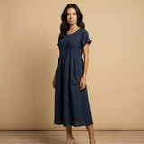 Vestido Midi Lino Pintucks Bolsillos Manga Corta