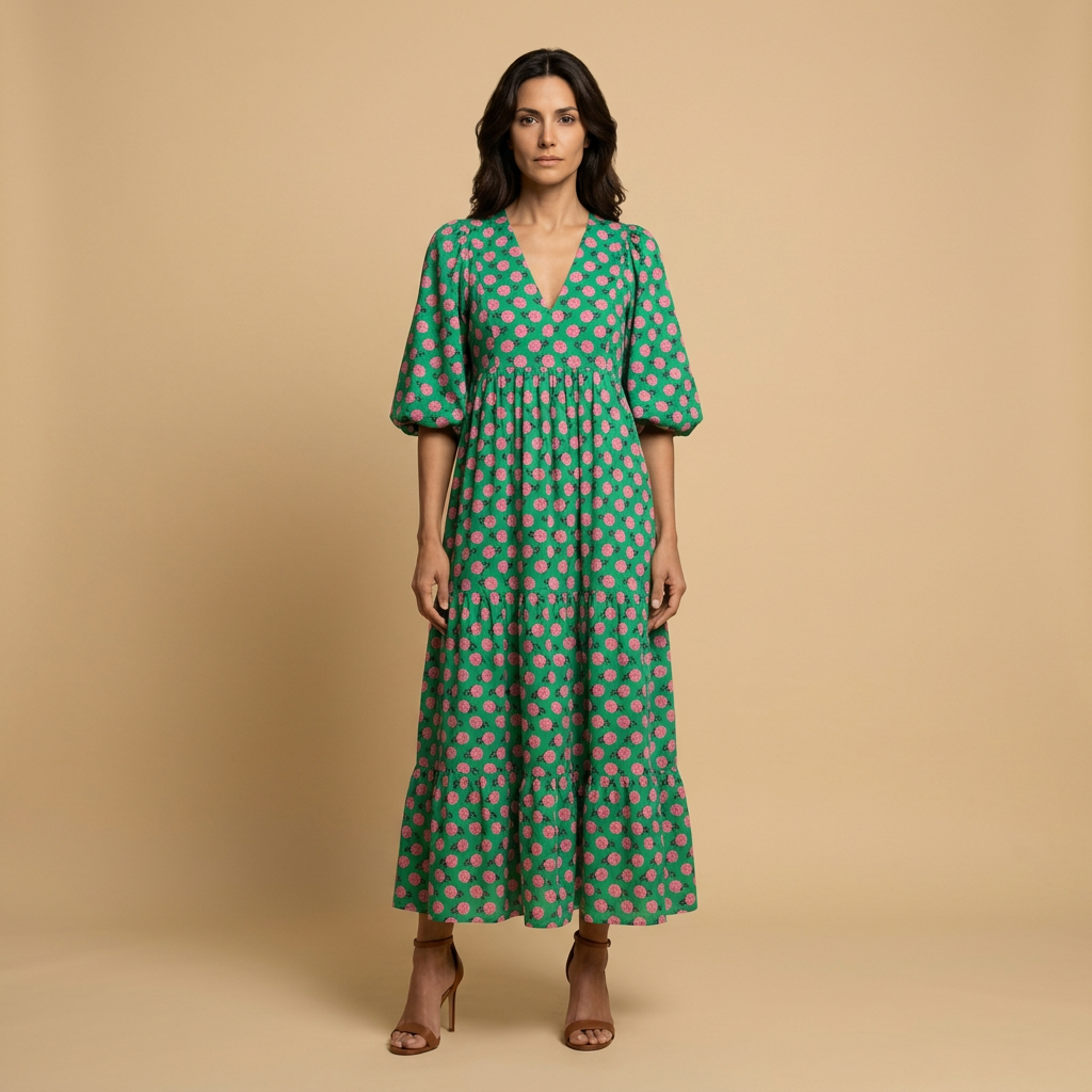 Vestido Midi Estampado Geométrico Manga Globo Niveles