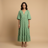 Vestido Midi Estampado Geométrico Manga Globo Niveles