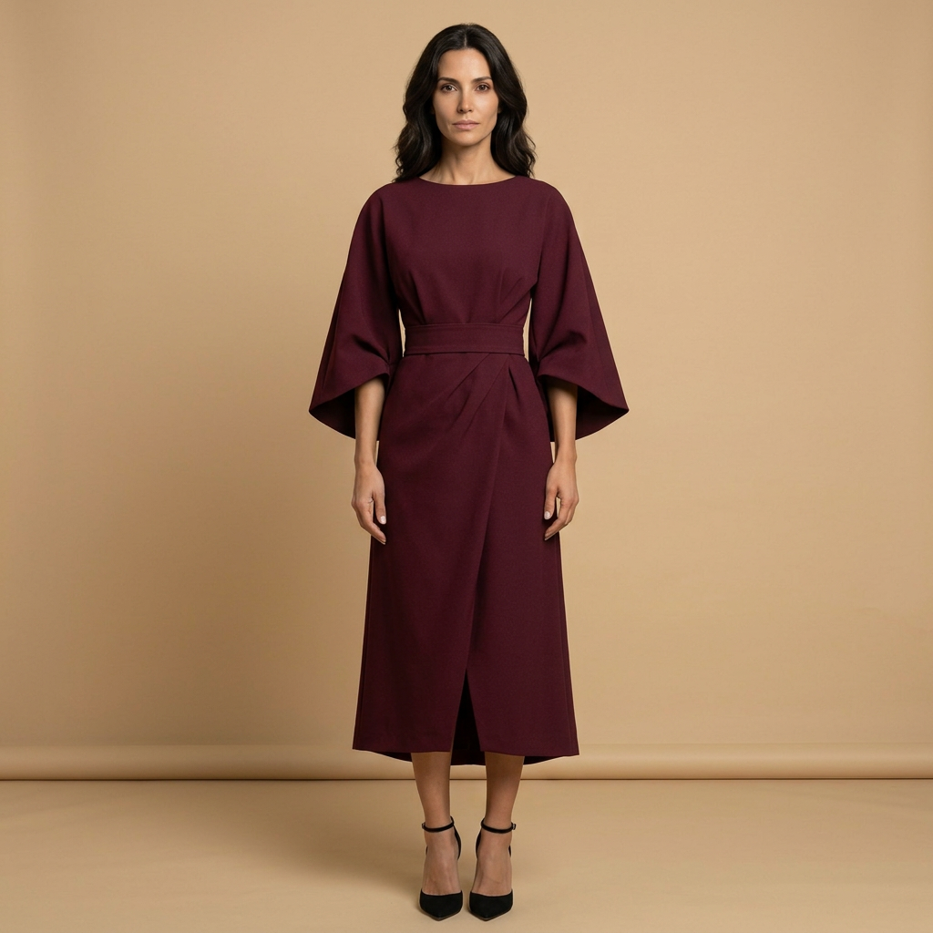 Vestido Midi Manga Kimono Cinturón Abertura