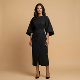 Vestido Midi Manga Kimono Cinturón Abertura
