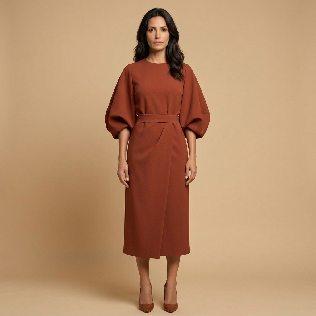 Vestido Midi Manga Kimono Cinturón Abertura