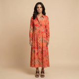 Vestido Largo Floral Pintucks Manga Larga