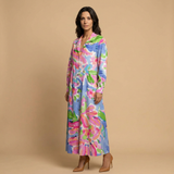 Vestido Largo Floral Pintucks Manga Larga