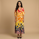 Vestido Largo Floral Pintucks Manga Larga