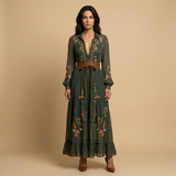 Vestido Largo Bordado Boho Manga Globo
