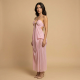 Vestido de Fiesta Tul Drapeado Cadena Perlas