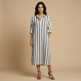 Vestido Largo Camisero Rayas Oversized Lino