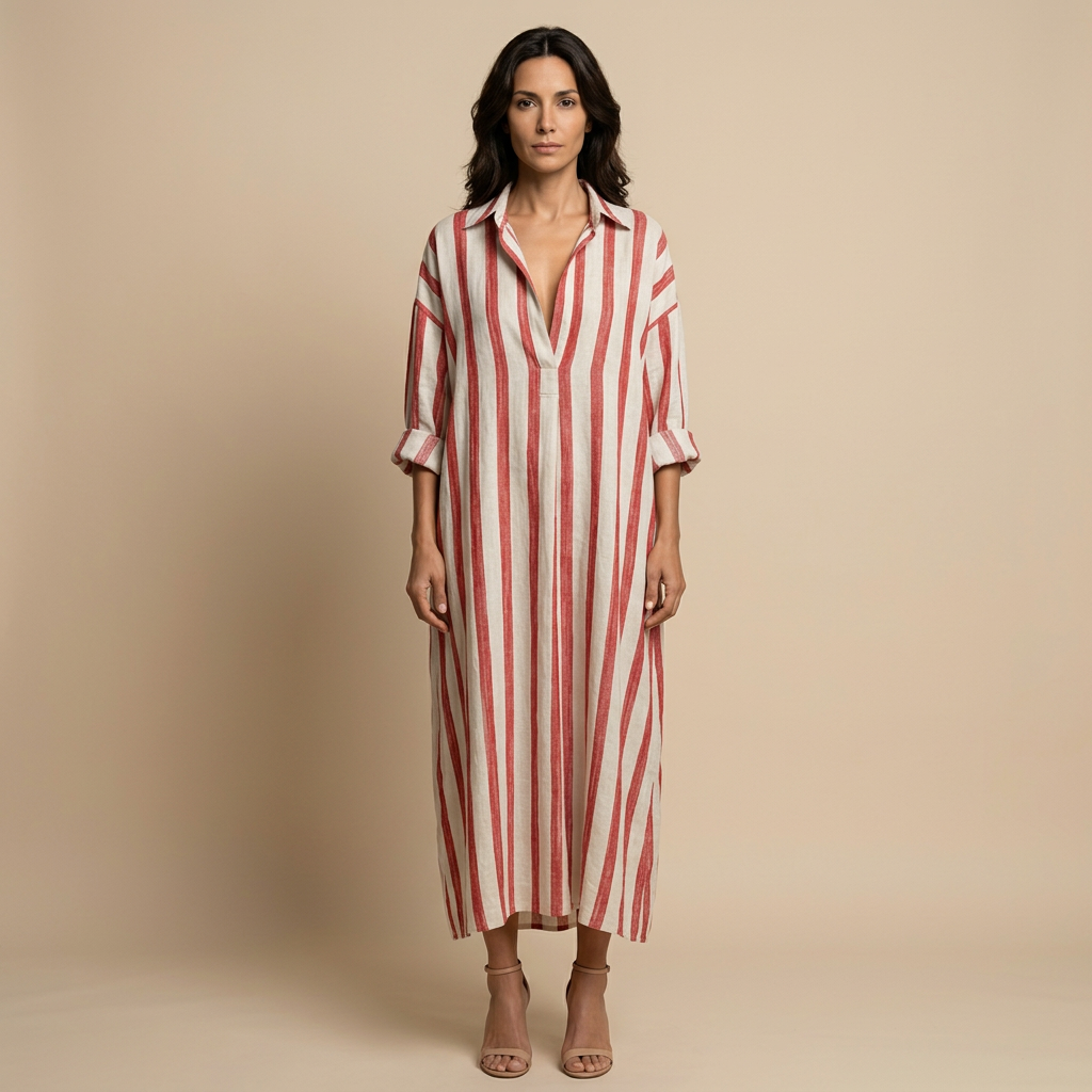 Vestido Largo Camisero Rayas Oversized Lino