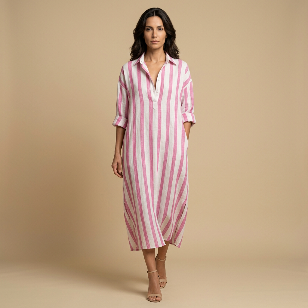 Vestido Largo Camisero Rayas Oversized Lino