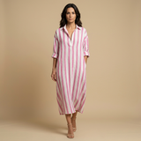 Vestido Largo Camisero Rayas Oversized Lino