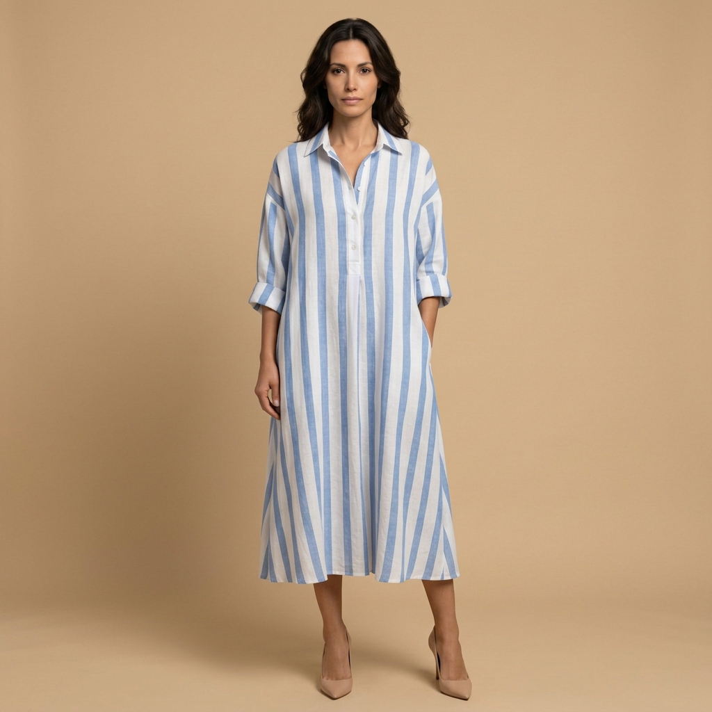 Vestido Largo Camisero Rayas Oversized Lino