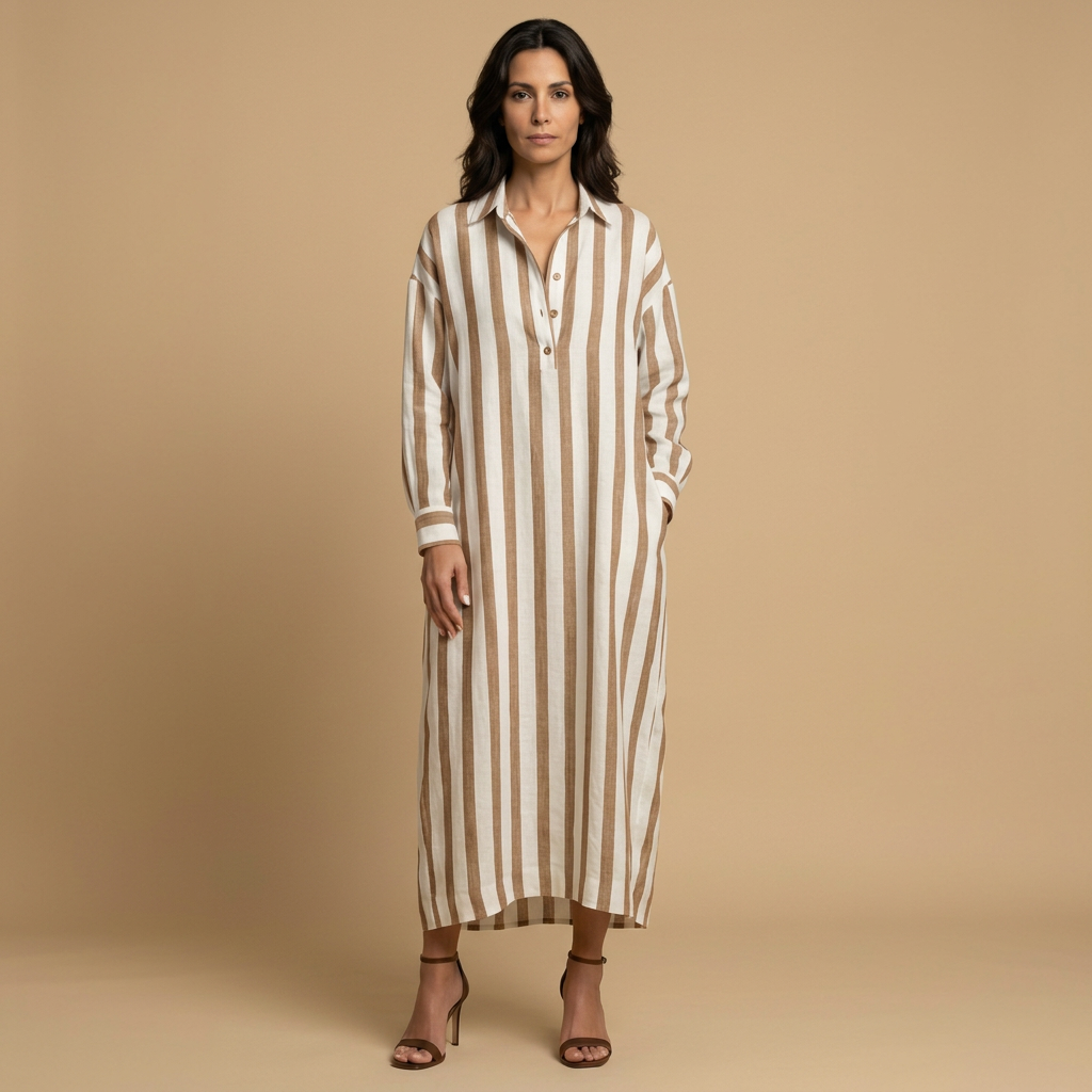 Vestido Largo Camisero Rayas Oversized Lino