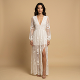 Vestido Largo Encaje Bordado Boho Abertura